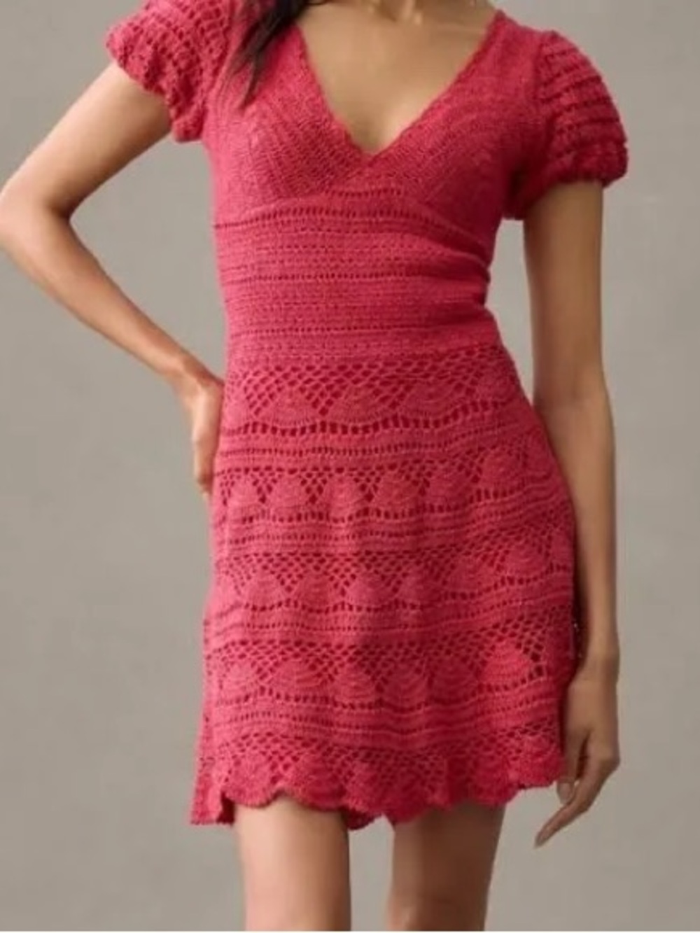 Crochet Deep V Mini Dress in Raspberry